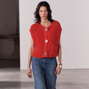 ZARA Chunky Knit Vest in Red with Gold Buttons (S NEVER WORN)